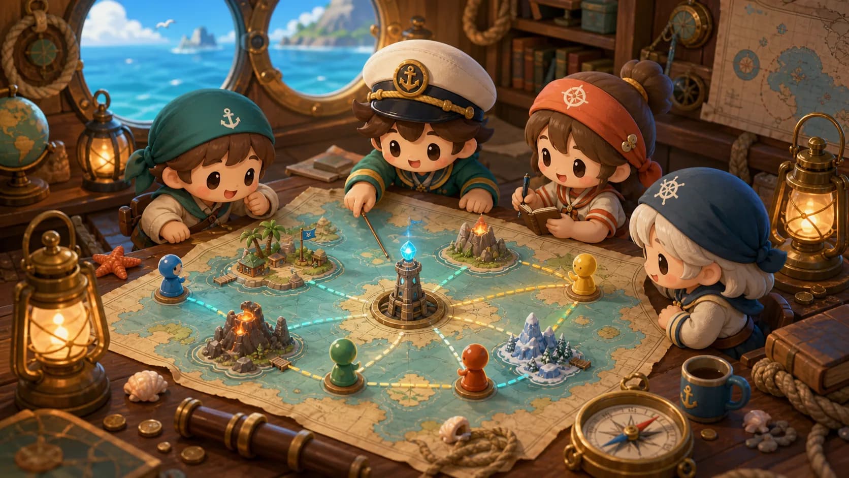 Original Gale Atlas chibi co-op route and server planning illustration for Windrose multiplayer guides