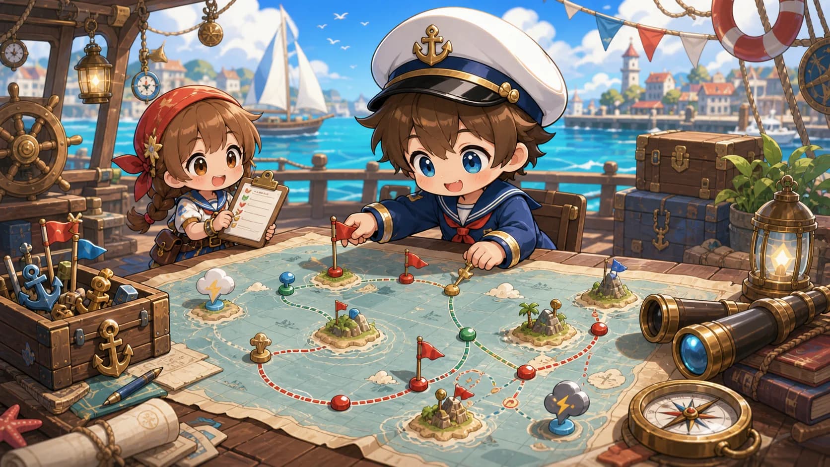Original Gale Atlas chibi nautical map and route marker illustration for Windrose route guides