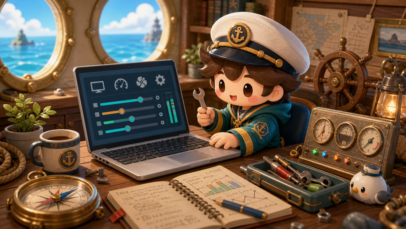 Original Gale Atlas chibi nautical PC settings illustration for Windrose setup guides
