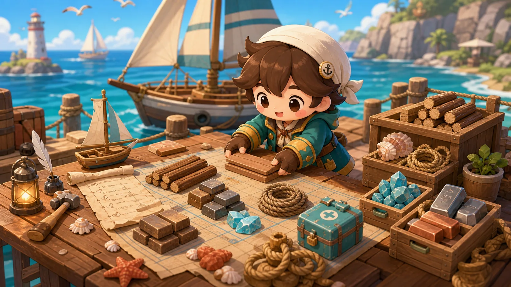 Original Gale Atlas chibi dockside resource and crafting illustration for Windrose guides