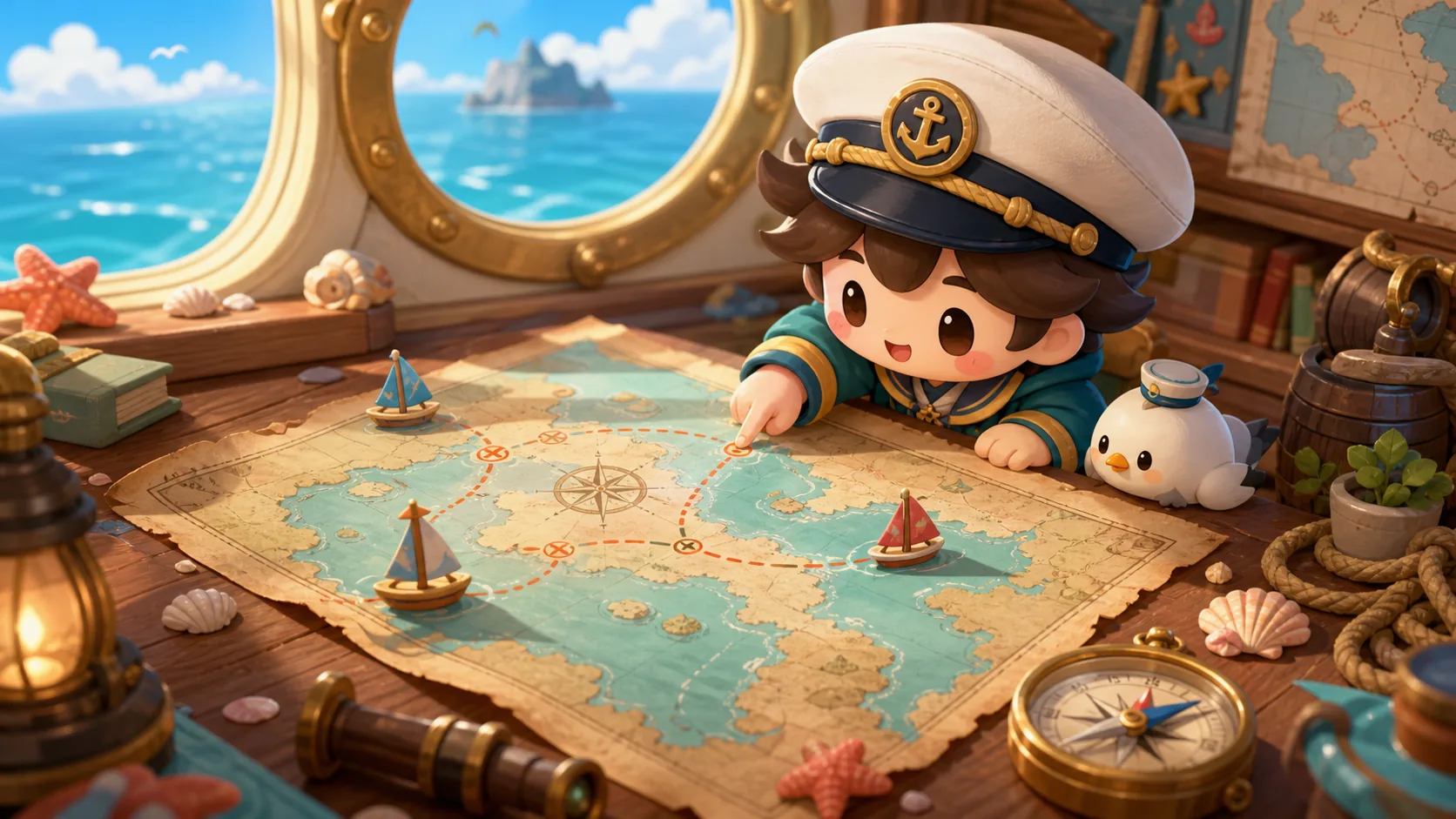 Original Gale Atlas chibi nautical route-planning illustration for Windrose guides