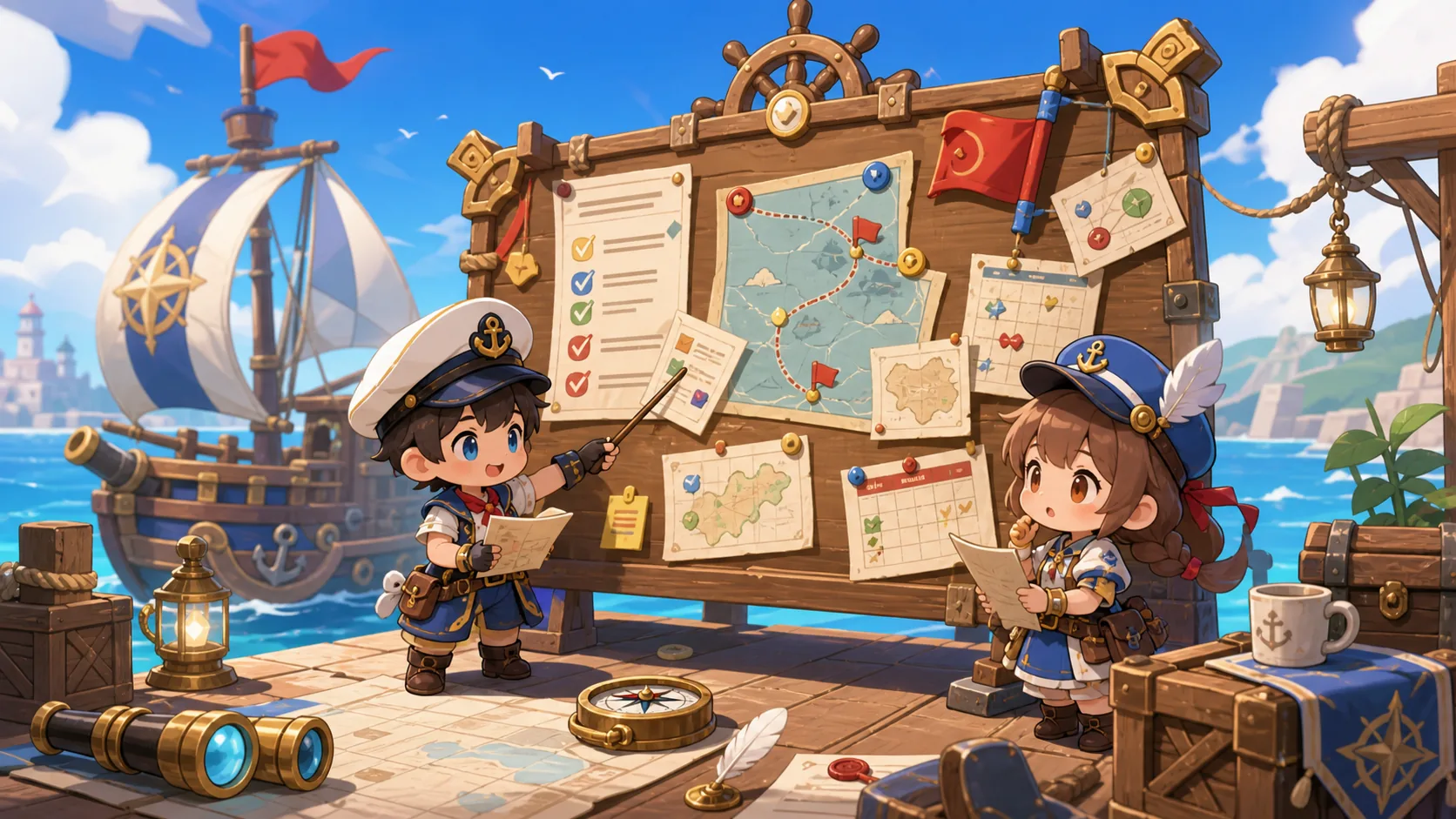 Original Gale Atlas chibi dockside update board illustration for Windrose news and patch guides